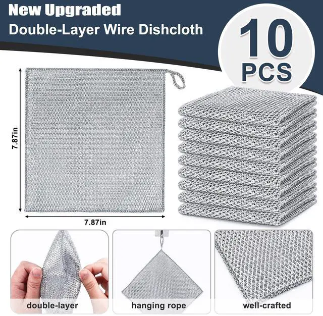 Alt view image 2 of 7 - 10 Pcs New Upgrade Steel Wire Dishcloth,Double-Layer Steel Wire Cleaning Cloth,Powerful Cleaning Non-Scratch Wire Dishcloth Rag for Cookware, Sinks, Dishes, Stove Tops