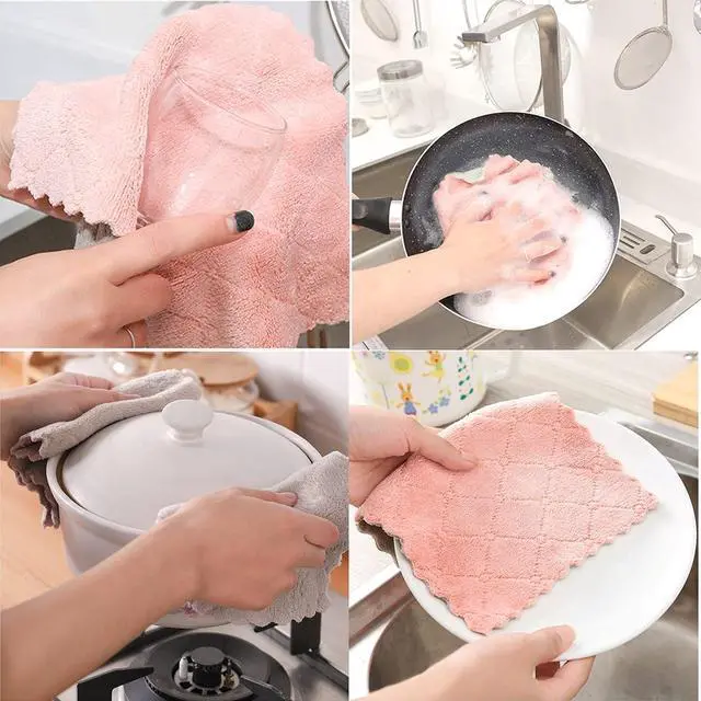 Alt view image 2 of 6 - 12 Pack Kitchen Towels Quick Dry Washcloths, Coral Velvet Dishtowels Multipurpose Reusable Cloths, Soft Tea Absorbent Cleaning Cloths Double-Sided Microfiber Lint Free Rags.