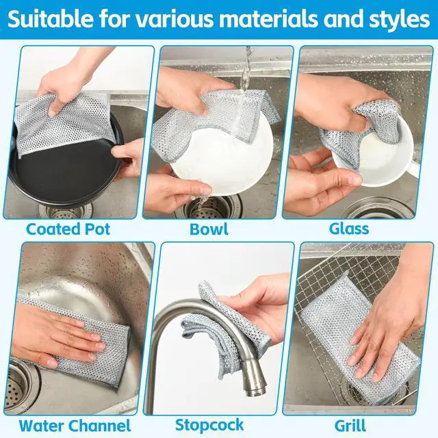 Alt view image 6 of 7 - 12Pack Multipurpose Wire Dishwashing Rags, Upgrade Non Scratch Wire Dishcloth, Silver Mesh Dish Cloths, Reusable Metal Mesh Cleaning Cloths, Steel Scrub Rags for Kitchen/Stove/Oven/Bath