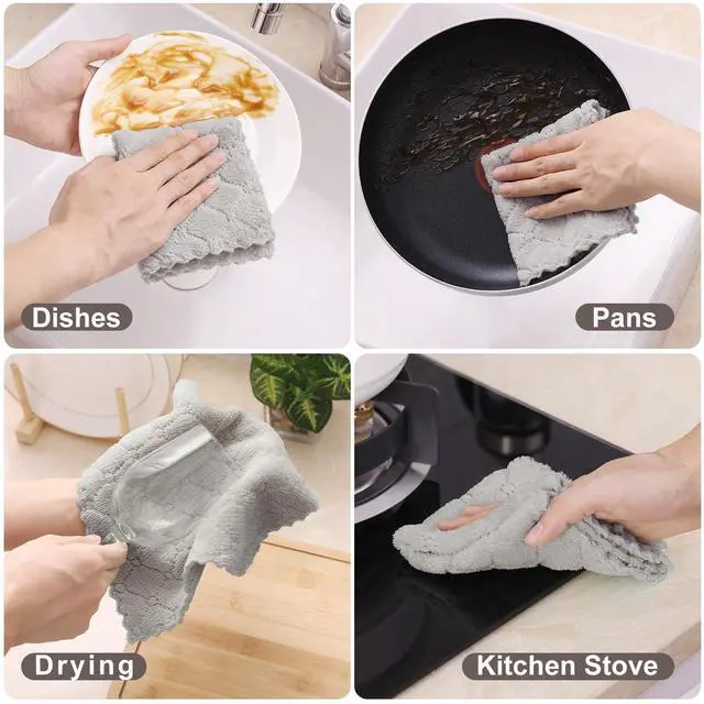 Alt view image 4 of 7 - 12 Pack Kitchen Dish Cloths (10 x 10 Inches, Grey), Super Soft and Absorbent Coral Velvet Dish Towels, Nonstick Oil Fast Drying Microfiber Cleaning Cloth, No Lint Household Dishcloths