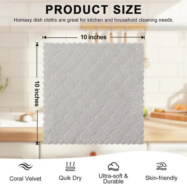 Alt view image 6 of 7 - 12 Pack Kitchen Dish Cloths (10 x 10 Inches, Grey), Super Soft and Absorbent Coral Velvet Dish Towels, Nonstick Oil Fast Drying Microfiber Cleaning Cloth, No Lint Household Dishcloths