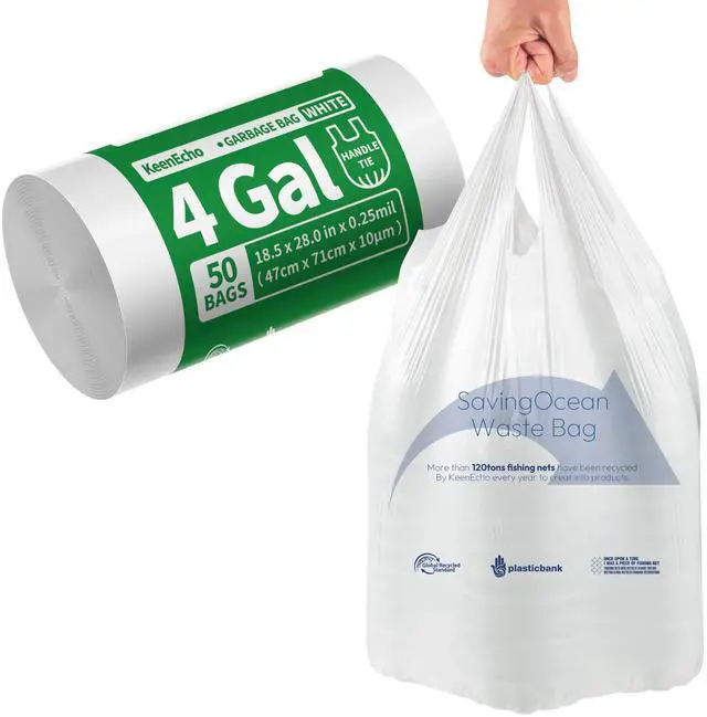 Main image of Small Trash Bags with Handles - Ocean Plastic Upcycling - Plastic Garbage Bags, Can Bin & Waste Basket Liner for Kitchen, Bathroom, Office and Pets,4 Gallon 50 Count White