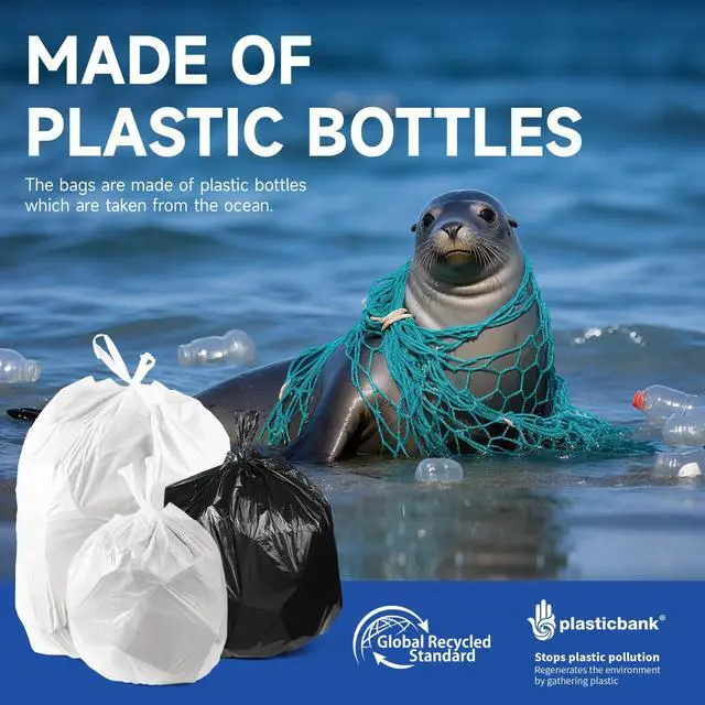 Alt view image 2 of 7 - Small Trash Bags with Handles - Ocean Plastic Upcycling - Plastic Garbage Bags, Can Bin & Waste Basket Liner for Kitchen, Bathroom, Office and Pets,4 Gallon 50 Count White