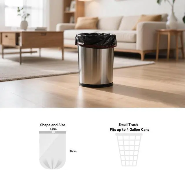 Alt view image 2 of 6 - Small 4 Gallon Trash Bags for Bathroom & Bedroom, Drawstring Garbage Bags for Office Desk, Vanity, Pack of 83, 43x46cm, 4.05g/pcs, Unscented, Black