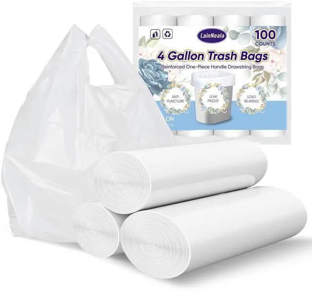 Main image of Small Trash Bags 4 Gallon with Strong Handles, 100 Count Small Garbage Bag Bathroom White Mini Trash Bag Trash Can Liners Unscented Small Garbage Bags for Bathroom Can