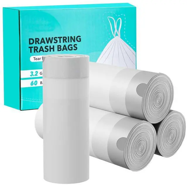 Main image of Drawstring Trash Bags, White, 20x18 Inch, 60 Count, 4 Rolls