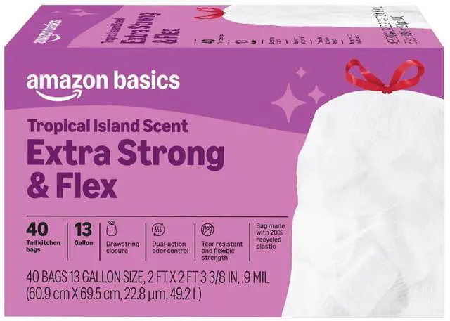 Main image of Extra Strong & Flex Tall Kitchen Drawstring Trash Bags, Tropical Island Scent, 13 Gallon, Tear Resistant with Odor Control, 40 Count