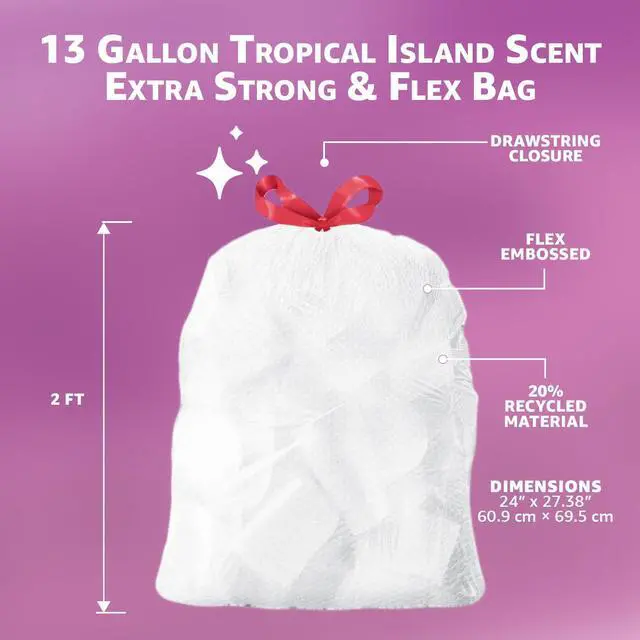 Alt view image 3 of 5 - Extra Strong & Flex Tall Kitchen Drawstring Trash Bags, Tropical Island Scent, 13 Gallon, Tear Resistant with Odor Control, 40 Count