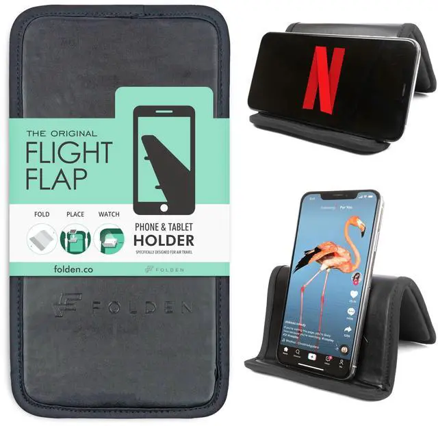 Main image of Airplane Phone Holder, Flexible Cell Phone Holder, Folding Cellphone Stand for Desk, Bed, Office, Treadmill - Airplane Gadgets for Long Travel Accessories - Plane Essentials (Vegan Leather)
