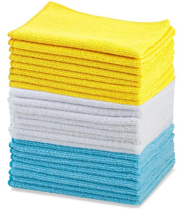 Main image of Microfiber Cleaning Cloths, Ultra Absorbent, Lint Free, Streak Free, Non-Abrasive, Reusable and Washable, 16" x 12", Blue/White/Yellow, Pack of 24