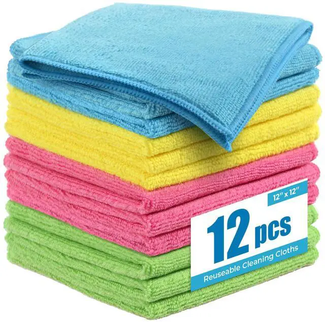 Main image of Microfiber Cleaning Cloth 12 Pack, 12x12 Inch Reusable Kitchen Towels, Lint Free Streak Free Super Absorbent Soft Cleaning Rags for House, Window, Glass, Assorted Colors