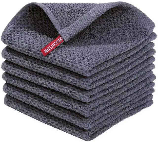 Main image of 100% Cotton Waffle Weave Kitchen Dish Cloths, Ultra Soft Absorbent Quick Drying Dish Towels, 12 x 12 Inches, 6-Pack, Dark Grey