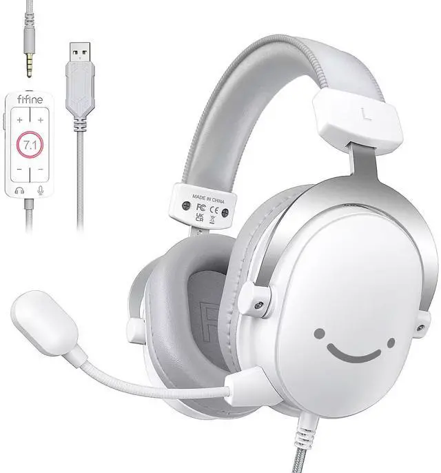 Main image of USB PC Gaming Headset with 3.5mm Audio Jack, Detachable Microphone, 7.1 Surround Sound, Volume Control, Streaming Over-Ear Wired Headphones for Computer, PS5, Controller, Xbox-H9 White