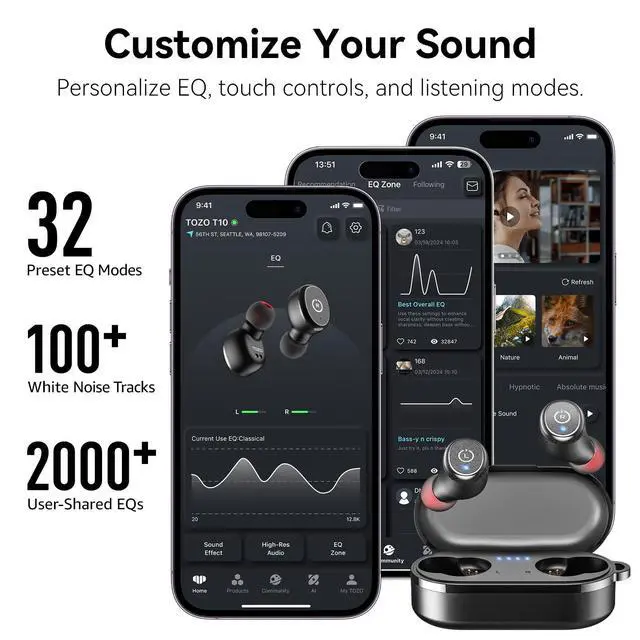 Alt view image 6 of 7 - T10 Wireless Earbuds Bluetooth 5.3 Headphones, App Customize EQ, Ergonomic Design, 55H Playtime, Wireless Charging Case, IPX8 Waterproof Sound in-Ear Headset, New Version