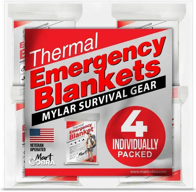 Main image of Emergency Blanket 4-Pack Space Mylar Blankets Survival Gear and Supplies Reusable Thermal Camping Hunting Essentials First Aid Car Backpacking Marathon Kit Prepper Go Rave Bug Out Bag Foil Cold Winter