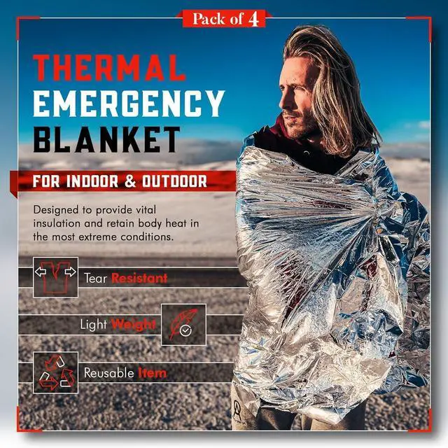 Alt view image 2 of 7 - Emergency Blanket 4-Pack Space Mylar Blankets Survival Gear and Supplies Reusable Thermal Camping Hunting Essentials First Aid Car Backpacking Marathon Kit Prepper Go Rave Bug Out Bag Foil Cold Winter