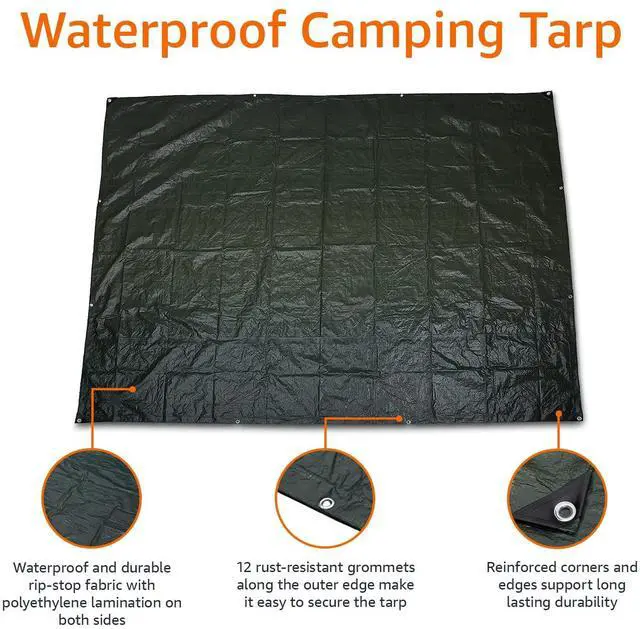 Alt view image 2 of 4 - Waterproof Multipurpose Camping Tarp, Tear Resistant with Reinforced Edges, Protective Cover, 8 Feet x 10 Feet, Dark Green