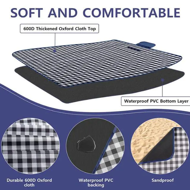 Alt view image 5 of 7 - Picnic Beach Blanket, Picnic Mat 80x60in Waterproof Foldable, Family Mat, Portable Large Picnic Blankets for Travel, Hiking, Music Festival