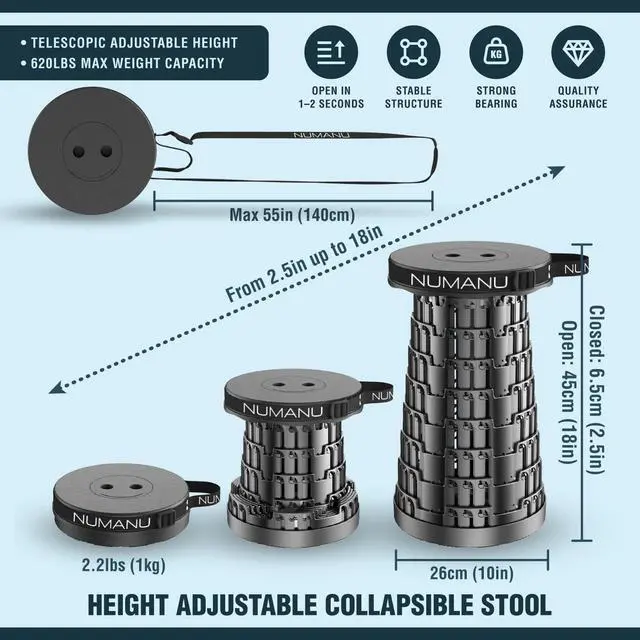 Alt view image 3 of 7 - 2026 Upgraded Collapsible Stool, Max 620lbs 2.5"-18" H Adjustable Portable Folding Stool for Adults, Retractable Foldable Telescopic Seat Camping Chair or Footrest (1x Hard Seat)