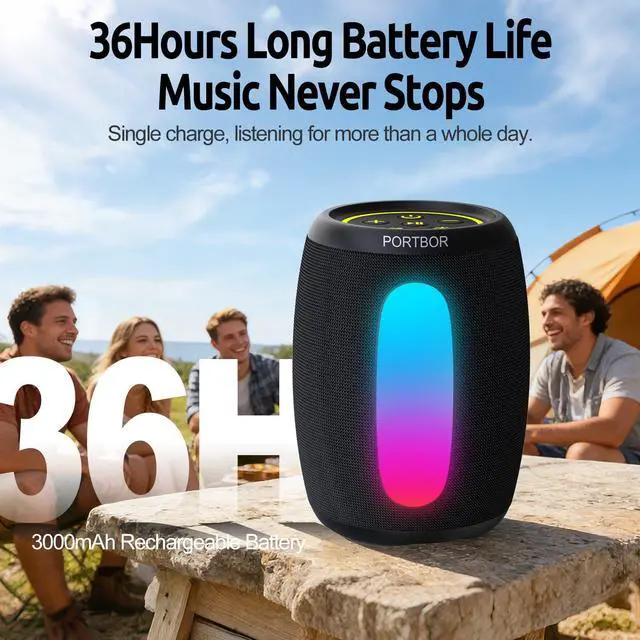 Alt view image 4 of 7 - Bluetooth Speaker, Portable Wireless Speaker with Powerful Stereo Sound/8 Modes LED Lights, 36H Playtime, TWS Surround Pairing, IPX5 Waterproof, BT5.3, for Outdoor/Home/Travel/Camping, Ideal Gifts
