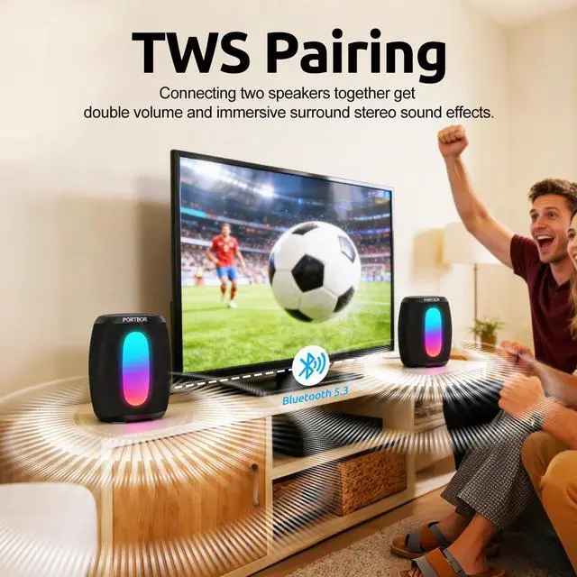 Alt view image 5 of 7 - Bluetooth Speaker, Portable Wireless Speaker with Powerful Stereo Sound/8 Modes LED Lights, 36H Playtime, TWS Surround Pairing, IPX5 Waterproof, BT5.3, for Outdoor/Home/Travel/Camping, Ideal Gifts