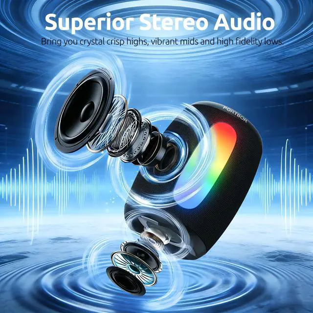 Alt view image 2 of 7 - Bluetooth Speaker, Portable Wireless Speaker with Powerful Stereo Sound/8 Modes LED Lights, 36H Playtime, TWS Surround Pairing, IPX5 Waterproof, BT5.3, for Outdoor/Home/Travel/Camping, Ideal Gifts