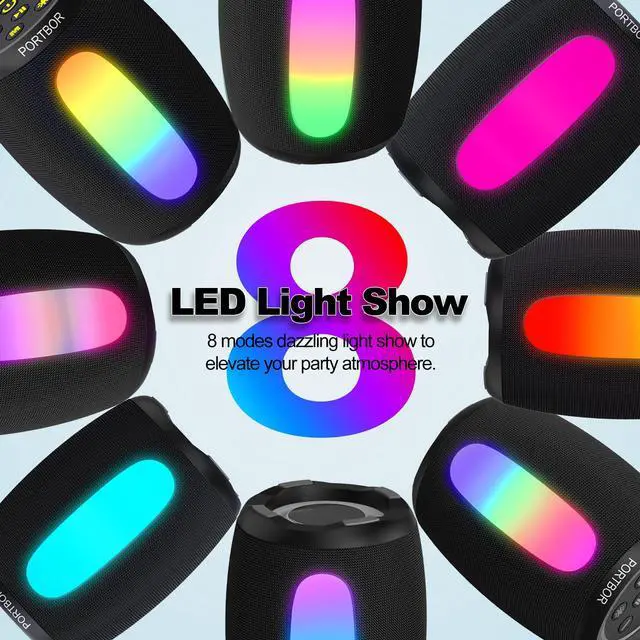Alt view image 3 of 7 - Bluetooth Speaker, Portable Wireless Speaker with Powerful Stereo Sound/8 Modes LED Lights, 36H Playtime, TWS Surround Pairing, IPX5 Waterproof, BT5.3, for Outdoor/Home/Travel/Camping, Ideal Gifts