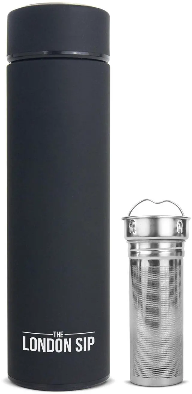 Main image of Multi-Purpose Tea Infuser Travel Mug and Tumbler Fruit Infuser Flask Hot and Cold Double Wall Stainless Steel Thermos with Extra-Long Infuser, Zen Black