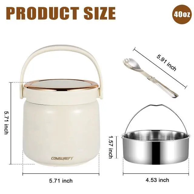 Alt view image 2 of 7 - 40oz/1.2L Thermo for Hot Food for Adults - 18/10 Stainless Steel Vacuum-Insulated Double-Wall, 100% Leak-Proof Wide Mouth, with Folding Spoon for Office/Travel/Outdoor
