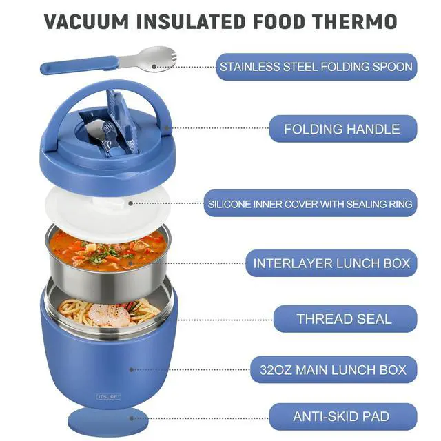 Alt view image 2 of 7 - 32oz Insulated Soup Thermo, Vacuum Stainless Steel Food Jar for Hot & Cold Food, Leakproof Wide Mouth Lunch Container with Spoon (Blue)