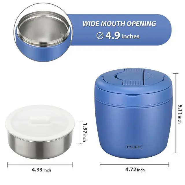 Alt view image 5 of 7 - 32oz Insulated Soup Thermo, Vacuum Stainless Steel Food Jar for Hot & Cold Food, Leakproof Wide Mouth Lunch Container with Spoon (Blue)