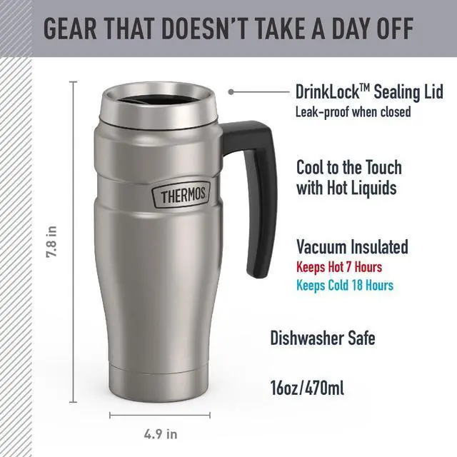 Alt view image 2 of 7 - Stainless King Vacuum-Insulated Travel Mug with Handle - 16oz, Matte Steel - Thermos Tumbler for Hot & Cold Drinks - Leak-Proof & Sweat-Proof Stainless Steel Coffee Mug with Lid for Commuting