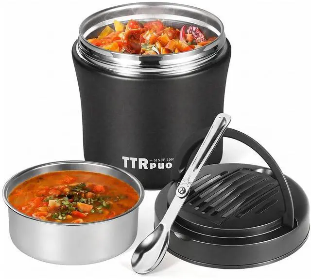 Main image of 40oz Insulated Lunch Thermos for Adults, Stainless Steel Hot Food Jar for Work, Leakproof Wide Mouth Soup Container with Folding Spoon (BLACK)