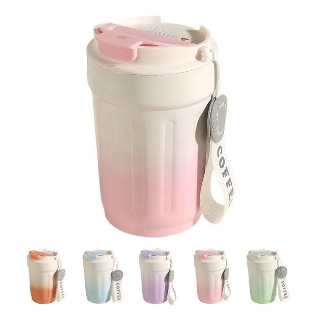 Main image of 14oz Portable Vacuum - Insulated Coffee Mug with Ceramic Lining. Gradient Color. Carry - Cord. Leakproof. Easy to Clean. Good Heat Retention. For Coffee, Milk, Juice & Fruit Tea. (Pink)