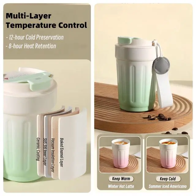Alt view image 4 of 7 - 14oz Portable Vacuum - Insulated Coffee Mug with Ceramic Lining. Gradient Color. Carry - Cord. Leakproof. Easy to Clean. Good Heat Retention. For Coffee, Milk, Juice & Fruit Tea. (Pink)