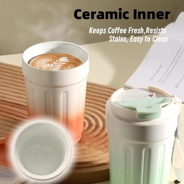 Alt view image 3 of 7 - 14oz Portable Vacuum - Insulated Coffee Mug with Ceramic Lining. Gradient Color. Carry - Cord. Leakproof. Easy to Clean. Good Heat Retention. For Coffee, Milk, Juice & Fruit Tea. (Pink)