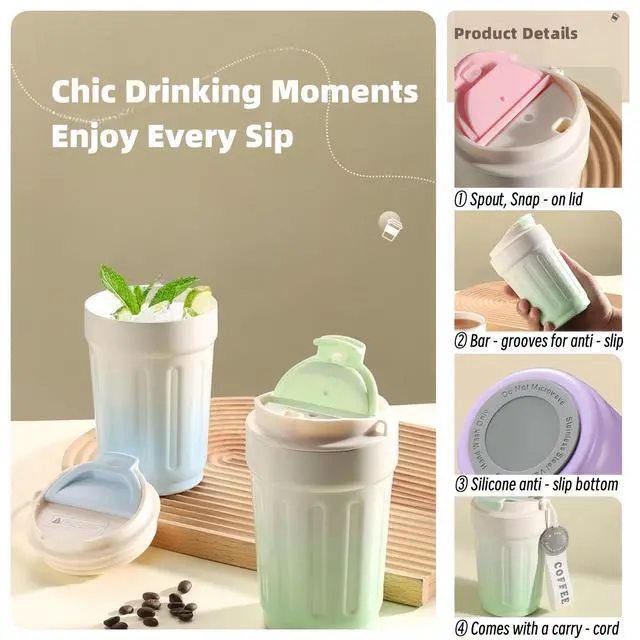 Alt view image 6 of 7 - 14oz Portable Vacuum - Insulated Coffee Mug with Ceramic Lining. Gradient Color. Carry - Cord. Leakproof. Easy to Clean. Good Heat Retention. For Coffee, Milk, Juice & Fruit Tea. (Pink)