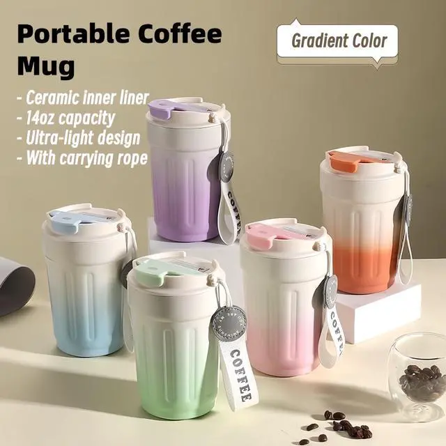 Alt view image 2 of 7 - 14oz Portable Vacuum - Insulated Coffee Mug with Ceramic Lining. Gradient Color. Carry - Cord. Leakproof. Easy to Clean. Good Heat Retention. For Coffee, Milk, Juice & Fruit Tea. (Pink)