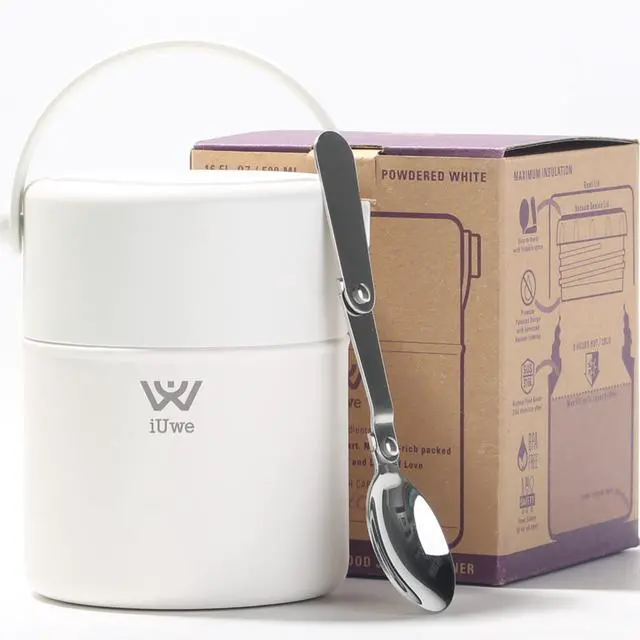 Main image of 16oz Food Thermos for Hot Food Kids Lunch Container with Spoon. 316L Stainless Steel Small Thermal School Lunchbox Leak Proof Travel Soup Thermos Insulated Food Jar for Adult Camping. (White)