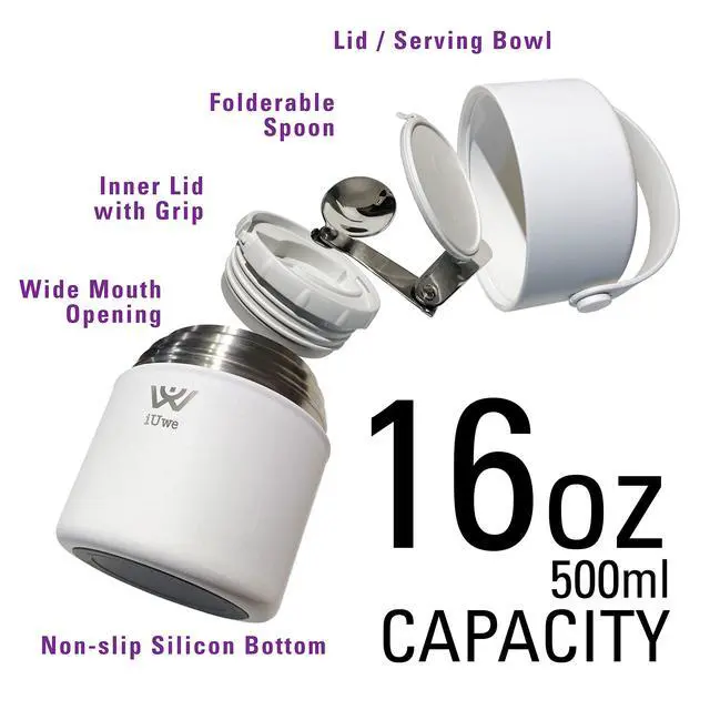 Alt view image 3 of 7 - 16oz Food Thermos for Hot Food Kids Lunch Container with Spoon. 316L Stainless Steel Small Thermal School Lunchbox Leak Proof Travel Soup Thermos Insulated Food Jar for Adult Camping. (White)
