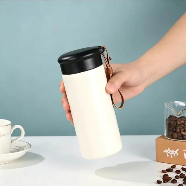 Main image of 10 oz samll Vacuum Insulated Stainless Steel Water Bottle, BPAFree Leakproof Travel Mug with Leather Strap, Lightweight Pocket Tumbler for Hot & Cold Drinks, Office, School, Outdoor (White)