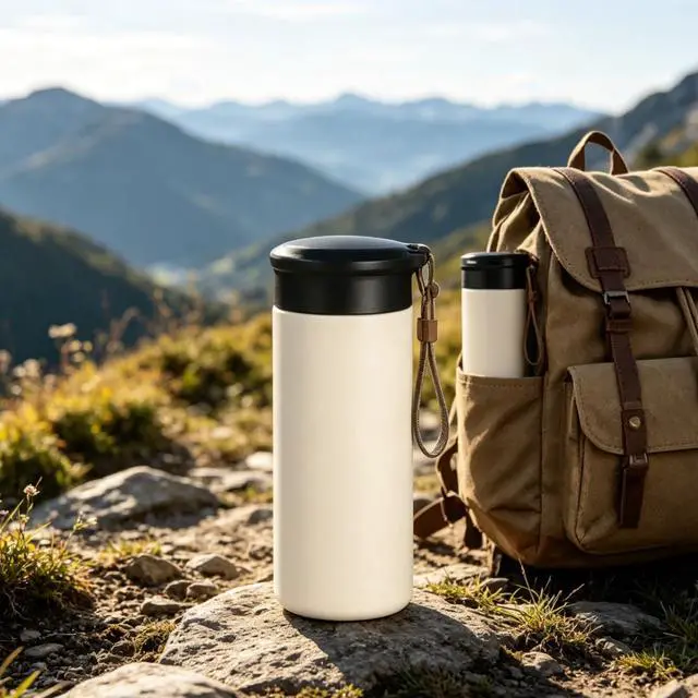 Alt view image 3 of 7 - 10 oz samll Vacuum Insulated Stainless Steel Water Bottle, BPAFree Leakproof Travel Mug with Leather Strap, Lightweight Pocket Tumbler for Hot & Cold Drinks, Office, School, Outdoor (White)