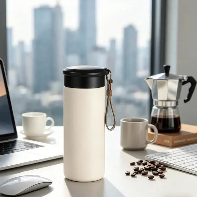 Alt view image 6 of 7 - 10 oz samll Vacuum Insulated Stainless Steel Water Bottle, BPAFree Leakproof Travel Mug with Leather Strap, Lightweight Pocket Tumbler for Hot & Cold Drinks, Office, School, Outdoor (White)