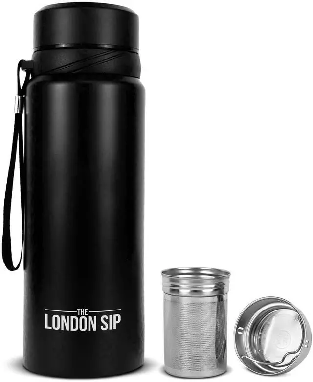 Main image of London Sip 25 oz Multi-Function Travel Mug and Tumbler Tea Infuser Water Bottle Fruit Infuser Flask Hot and Cold Double Wall Stainless Steel Coffee Thermos, Zen Black