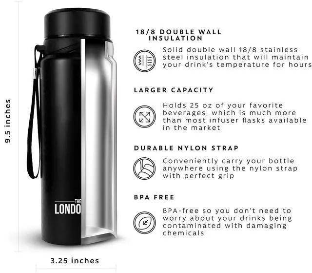 Alt view image 2 of 7 - London Sip 25 oz Multi-Function Travel Mug and Tumbler Tea Infuser Water Bottle Fruit Infuser Flask Hot and Cold Double Wall Stainless Steel Coffee Thermos, Zen Black