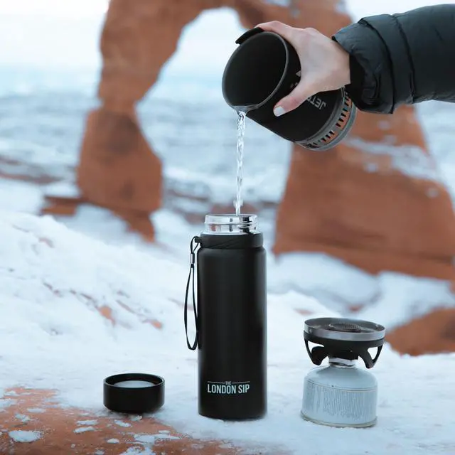 Alt view image 4 of 7 - London Sip 25 oz Multi-Function Travel Mug and Tumbler Tea Infuser Water Bottle Fruit Infuser Flask Hot and Cold Double Wall Stainless Steel Coffee Thermos, Zen Black