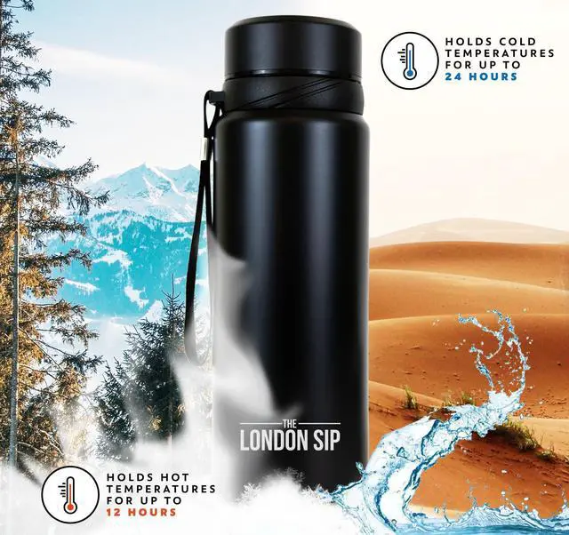 Alt view image 7 of 7 - London Sip 25 oz Multi-Function Travel Mug and Tumbler Tea Infuser Water Bottle Fruit Infuser Flask Hot and Cold Double Wall Stainless Steel Coffee Thermos, Zen Black