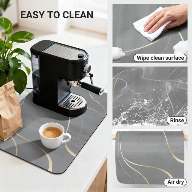 Alt view image 4 of 7 - Coffee Mat 19x12 Inch, Irregular Gray Streamline Coffee Bar Mat, Absorbent Hide Stain Rubber Backed Dish Drying Mat for Kitchen Counter, Mat for Countertops, Under Coffee Machine Pot Espresso Staion