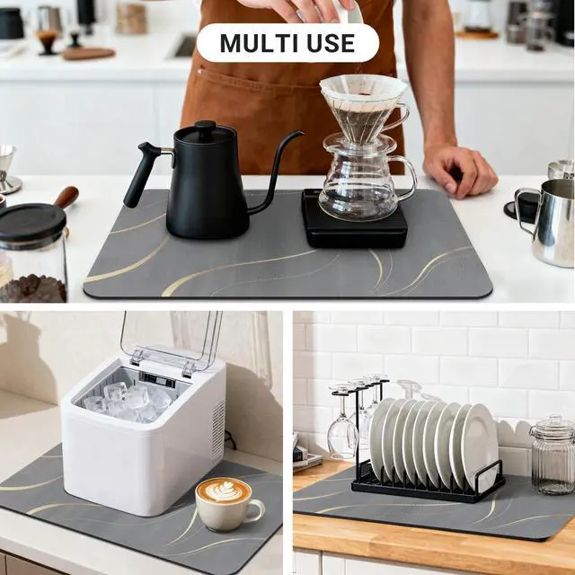 Alt view image 6 of 7 - Coffee Mat 19x12 Inch, Irregular Gray Streamline Coffee Bar Mat, Absorbent Hide Stain Rubber Backed Dish Drying Mat for Kitchen Counter, Mat for Countertops, Under Coffee Machine Pot Espresso Staion