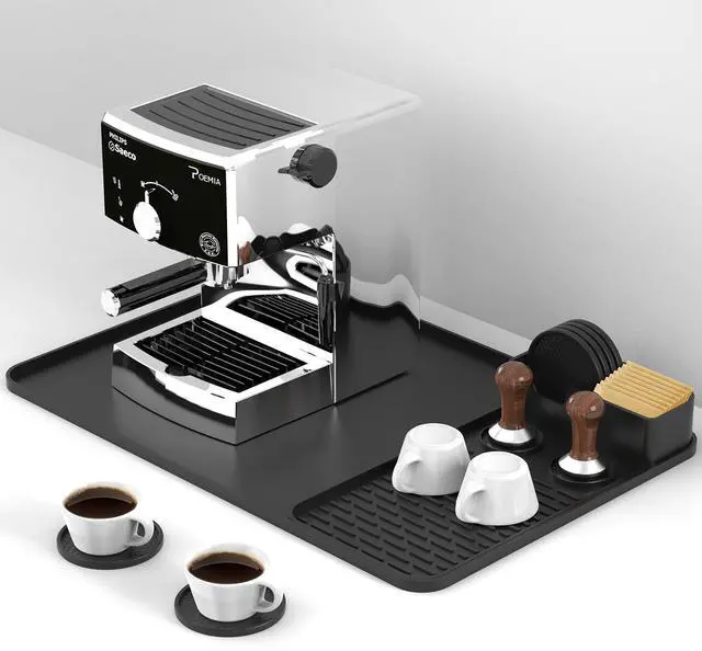 Main image of Silicone Coffee Mat with 6 Coasters,24"x16" Counter Bar Mat Fits Under Coffee Maker/Pot & Espresso Machine, Bar Aceessories,Detachable Drying Pad for Tamper,Sugar Packets,Cups & Countertop Protection